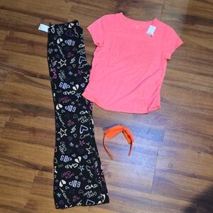 GAP Pink Tee with Black Logo Print Leggings and Orange Headband